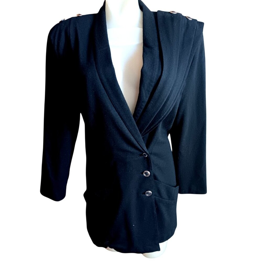 Vintage Char Black Wool Blazer Jacket Sz 10 Shoulder Drape Buttons Made In USA